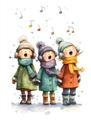 Three Children Singing Christmas Carols in Pastel Winter Woolen Hats with Musical Note Splashes