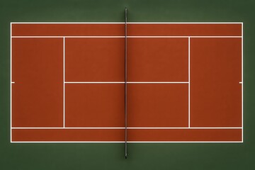 Aerial view of a clay tennis court with bright white lines, creating symmetry and precision.