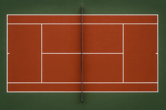 Aerial view of a clay tennis court with bright white lines, creating symmetry and precision.