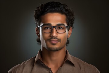 Obraz premium Portrait of a young confident indian businessman wearing eyeglasses and brown shirt on dark background