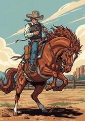 A cowboy rides a brown horse across a dry landscape with a wooden fence and rock formations under a blue sky, perfect for illustrating western themes.