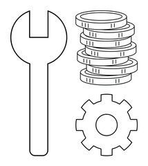 Wrench, cogwheel, and a stack of coins representing tools, settings, wealth, and work optimization. Ideal for concepts thumbs up financial services, engineering, maintenance investment
