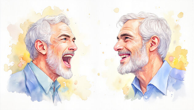 Elderly man laughing and smiling in a colorful watercolor style - Concept of active aging  