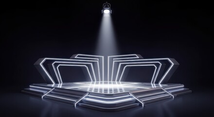 A modern stage is illuminated by a spotlight, adorned with geometric neon lights, perfect for presentations and performances.