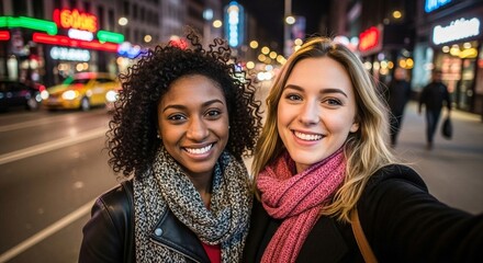 selfie of two happy young adult women of different races, smiling, friends, bff, caucasian, black, african american, generation z, happiness, laughter, cute, emotional connection, inclusive, diversity