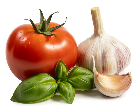 A fresh tomato with basil and garlic isolated on white background