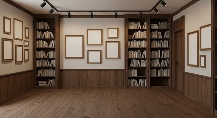 A library with books and picture frames creates a classic and sophisticated aesthetic, suitable for interior design and study arrangements.
