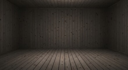 A dim, empty room features dark stained wood paneling on the walls and floor, offering a potentially spooky or dramatic backdrop for a variety of purposes.
