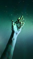 A Mystic Underwater Scene: An Artistic Capture of a Hand Reaching Upward Surrounded by Bubbles in a...
