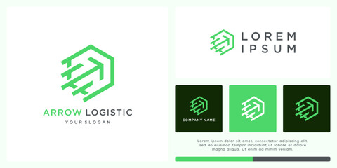 Arrow logistic logo design with line hexagon shape
