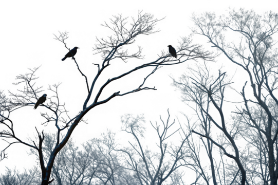 Silhouettes of three crows perched on bare branches of winter trees against a bright sky