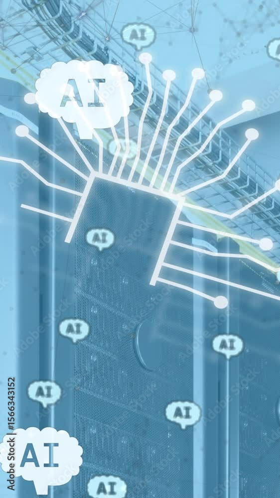 Poster animation of ai data processing and icons over computer servers