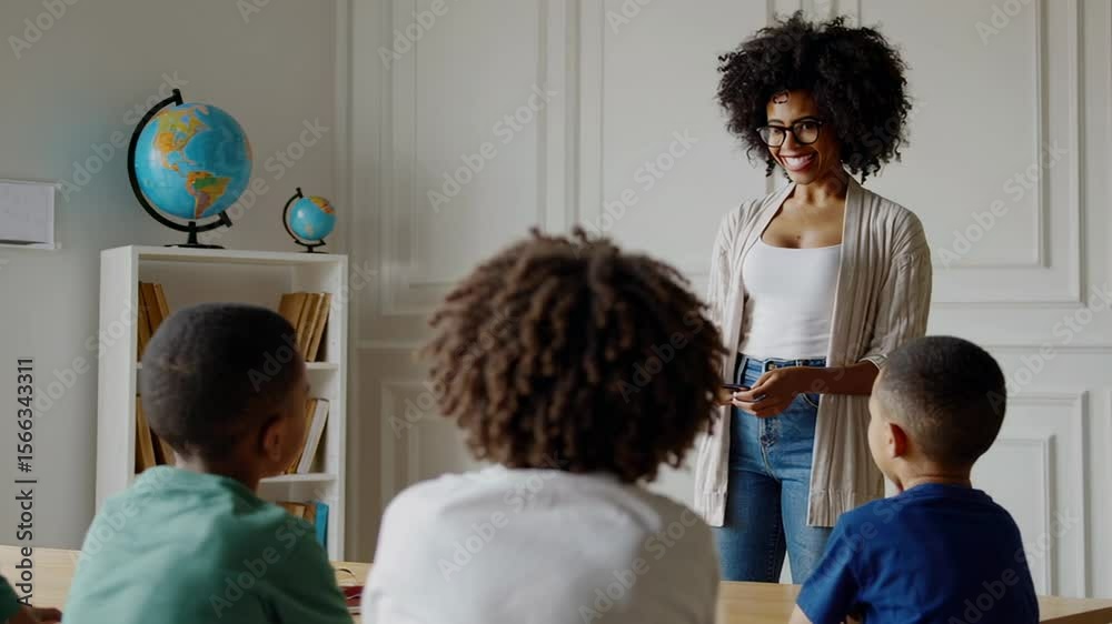 Poster Dedicated african american educator interacting with elementary students. Creating engaging learning environment while fostering positive educational relationships and motivational classroom dynamics