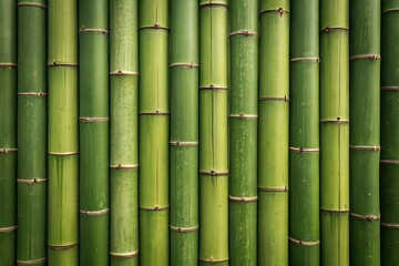 Obraz premium A close-up view of multiple green bamboo stalks standing vertically, with natural joints visible along their lengths.