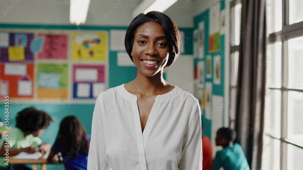 Aufkleber Dedicated young female educator smiling warmly while elementary students quietly studying at classroom desks, showcasing collaborative learning environment