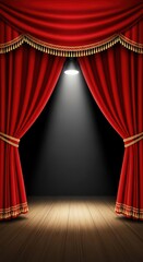 A spotlight illuminates a red theater curtain and wood stage, creating a dramatic backdrop for performance or presentation.