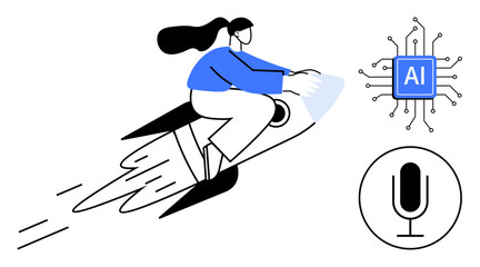 Woman flying on a rocket in bold and modern style, AI chip, and microphone below. Ideal for AI, innovation, future technology, creativity, digital transformation, communication simple landing page