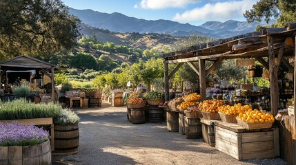 rustic market set in the countryside with a mountainous backdrop