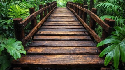 Serene wooden bridge meandering through lush tropical greenery in the midday sun