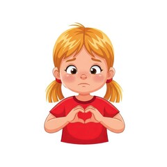 Cartoon girl with blond hair makes a heart shape with her hands, expressing love and affection for use in greeting cards or illustrations.