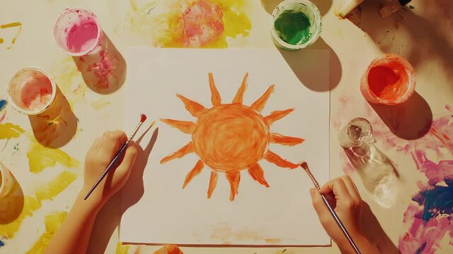 Two young pupils painting a bright sun on a white sheet with orange tempera colors, surrounded by colorful jars of paint on a messy table in their art class