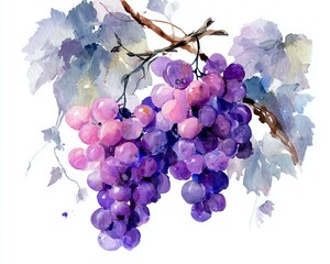 Water color. Vibrant watercolor grapes on a vine.