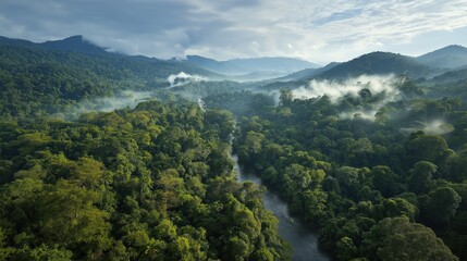 Fototapeta premium Lush Tropical Rainforest with Misty River and Mountain Range at Sunrise