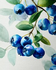 Water color. Fresh blueberries on a delicate branch.