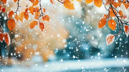 Autumn leaves in winter snow