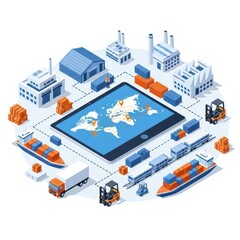 An isometric illustration of a global logistics network showcases factories, ships, trains, and trucks connected by a digital map, ideal for illustrating supply chain management.