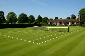 An empty tennis court basks in bright sunlight with a building and trees surrounding it now.