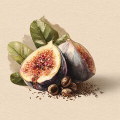 Water color. Fresh fig cut in half with seeds and leaves.