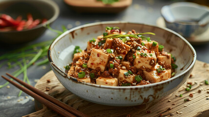 Spicy Mapo Tofu with minced pork, Sichuan pepper, and green onions. Authentic Chinese cuisine.