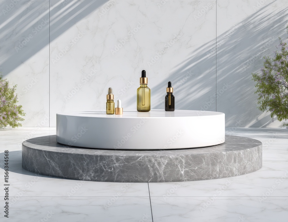 Poster elegant modern minimalistic display platform with glass bottles on marble surface in bright natural 