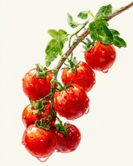 Water color. Fresh red tomatoes with water droplets.