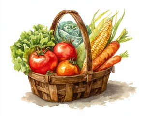 Water color. Fresh vegetables in a rustic wooden basket.