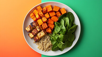 Vibrant Bowl of Delight: A colorful medley of roasted sweet potatoes, tofu and spinach on a plate, offering a nutritious and delicious culinary experience.