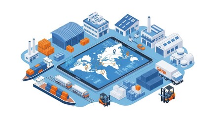 Isometric illustration displays global logistics network with ships, trains, trucks, forklifts, and buildings on a tablet screen, showcasing transportation and industrial processes.