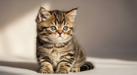A cute striped kitten sits and looks forward with big, round eyes, often used in heartwarming and cheerful contexts.