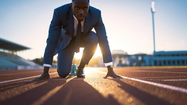 A determined African American businessman in a suit is poised at the starting line of a running track, ready to compete and succeed in business. He is focused and ready to start.