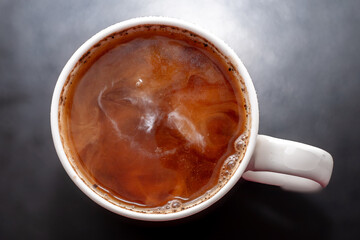 Detail of milk mixing in coffee drink, flat texture. Fresh beverages background
