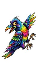 Fototapeta premium a drawing of a black crow bird doing a crazy pose against a solid white background. exaggerated low brow style art, fowl, weird, avian, surreal bird, bold lines, stylized, character art, cartoon 
