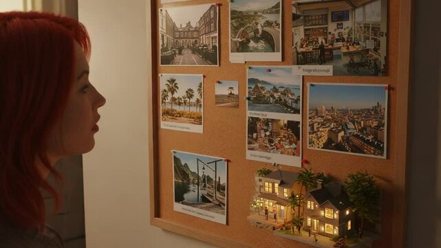 Woman arranging photos on a corkboard in cozy room