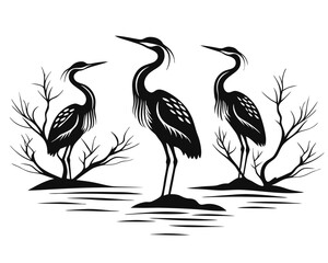 Obraz premium Elegant silhouettes of graceful herons in flight and standing showcasing their distinctive forms against a clean backdrop perfect for nature themed projects