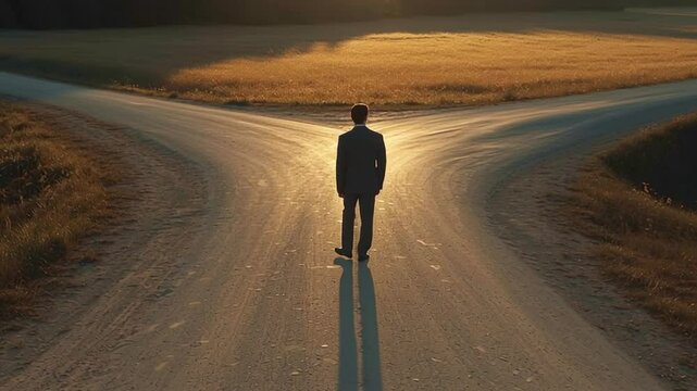 A businessman stands at a fork in the road, contemplating which path to take. The setting sun casts long shadows, symbolizing the weight of the decision.