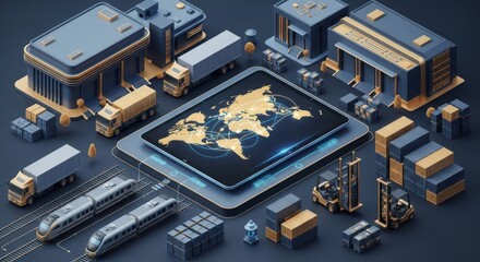 Isometric view showing a global logistics network of truck, train, forklift, warehouse, and shipping container to illustrate international trade and distribution.