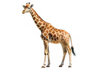 A full body shot of a giraffe standing against a black background