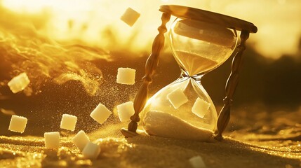 A broken hourglass with sugar cubes instead of sand, swept away by a golden breeze, symbolizing fleeting sweetness.