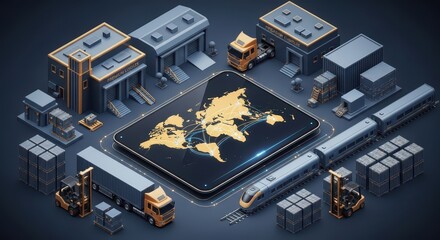Isometric view showing a global logistics network of truck, train, forklift, warehouse, and shipping container to illustrate international trade and distribution.