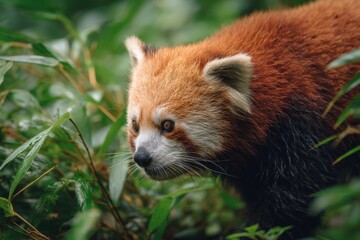 Fototapeta premium Close-up of a Curious Red Panda in a Lush Green Forest Setting with Dense Foliage and Soft Lighting for Wildlife Nature Photography